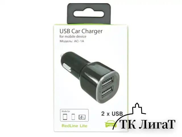 Зарядное устройство автомобильное RED LINE AC-1A, 2 порта USB, выходный ток 1А, черное, УТ000010345