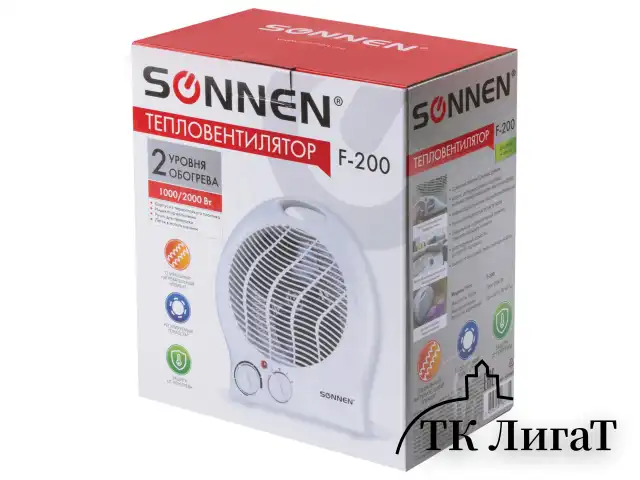 Тепловентилятор SONNEN F-200, 1000/2000 Вт, 2 режима работы, белый, 453493