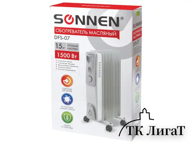 Обогреватель масляный SONNEN DFS-07, 1500 Вт, 7 секций, белый, 453498