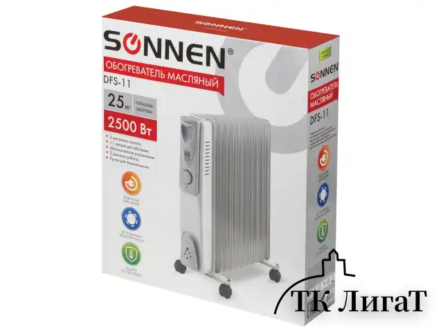 Обогреватель масляный SONNEN DFS-11, 2500 Вт, 11 секций, белый, 453500