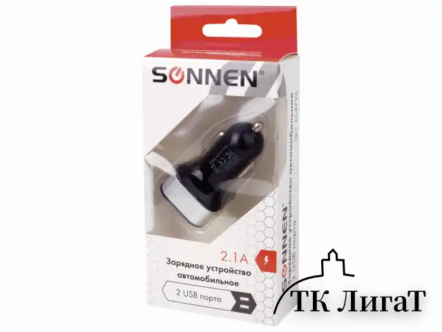 Зарядное устройство автомобильное SONNEN, 2 порта USB, выходной ток 2,1 А, черное-белое, 454796