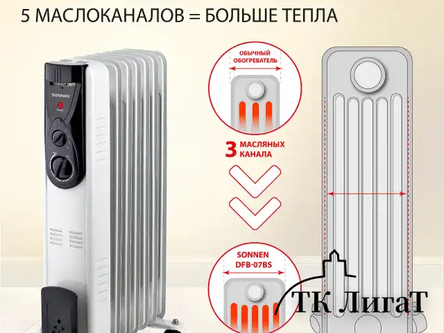 Обогреватель масляный ВЫСОКОЙ ЭФФЕКТИВНОСТИ SONNEN DFB-07BS, 1500 Вт, 7 секций, 5 МАСЛОКАНАЛОВ, 455312