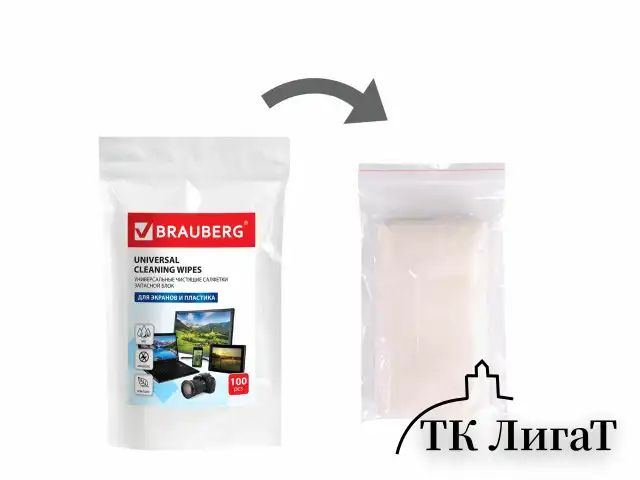 Салфетки для экранов всех типов и пластика (запасной блок) BRAUBERG, пакет 100 шт., влажные, 511685