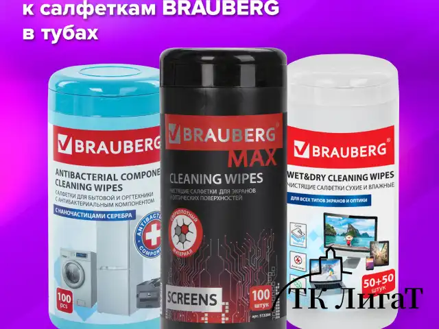 Салфетки для экранов всех типов и пластика (запасной блок) BRAUBERG, пакет 100 шт., влажные, 511685