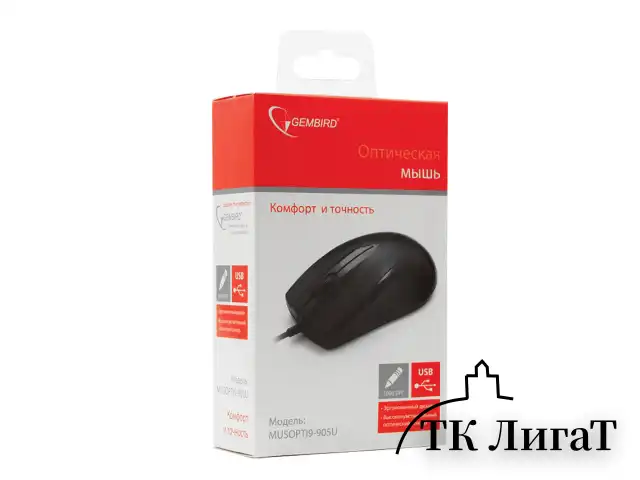 Мышь проводная GEMBIRD MUSOPTI9-905U, USB, 2 кнопки + 1 колесо-кнопка, оптическая, черная