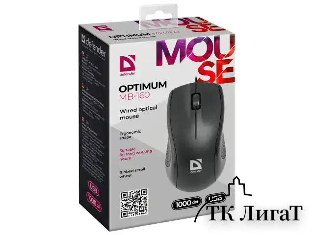 Мышь проводная DEFENDER Optimum MB-160, USB, 2 кнопки + 1 колесо-кнопка, оптическая, черная, 52160