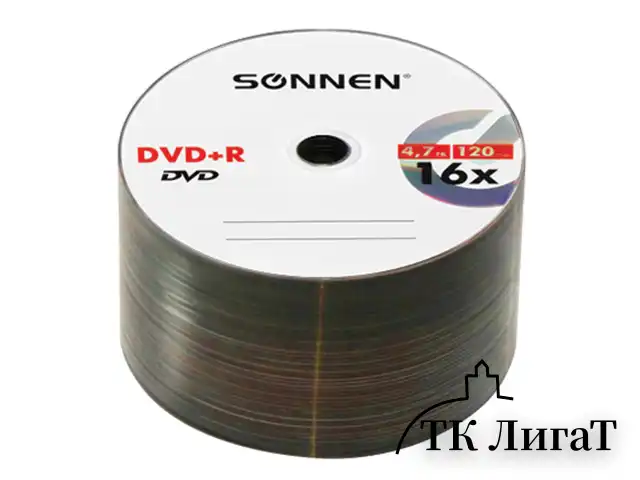 Диски DVD+R (плюс) SONNEN 4,7 Gb 16x Cake Box (упаковка на шпиле), КОМПЛЕКТ 50 шт., 512577