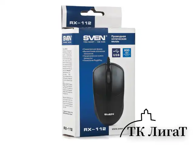 Мышь проводная SVEN RX-112, USB, 2 кнопки+1 колесо-кнопка, оптическая, черная, SV-03200112UB