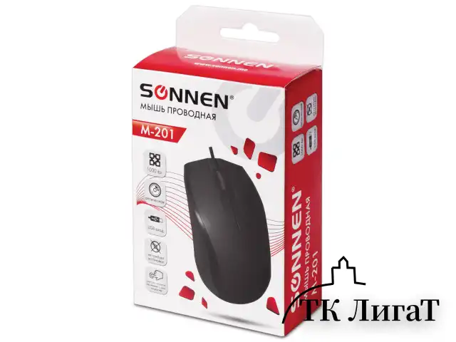 Мышь проводная SONNEN М-201, USB, 1000 dpi, 2 кнопки + колесо-кнопка, оптическая, черная, 512631