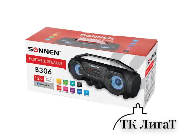 Колонка портативная с подсветкой SONNEN B306, 12 Вт, Bluetooth, FM-тюнер, microSD, MP3-плеер, черная, 513479