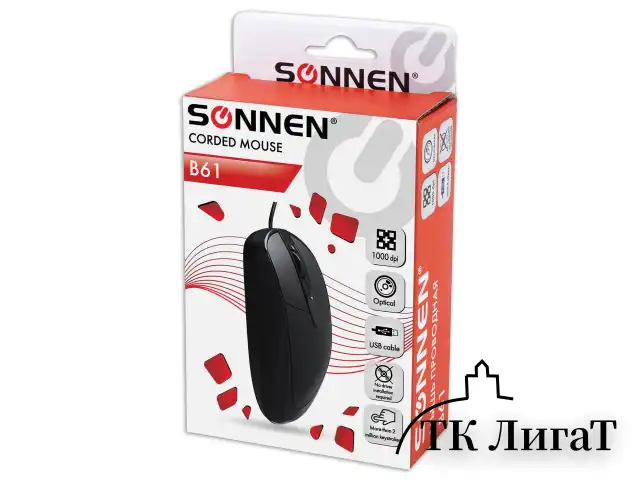 Мышь проводная SONNEN B61, USB, 1000 dpi, 2 кнопки + колесо-кнопка, оптическая, черная, 513513