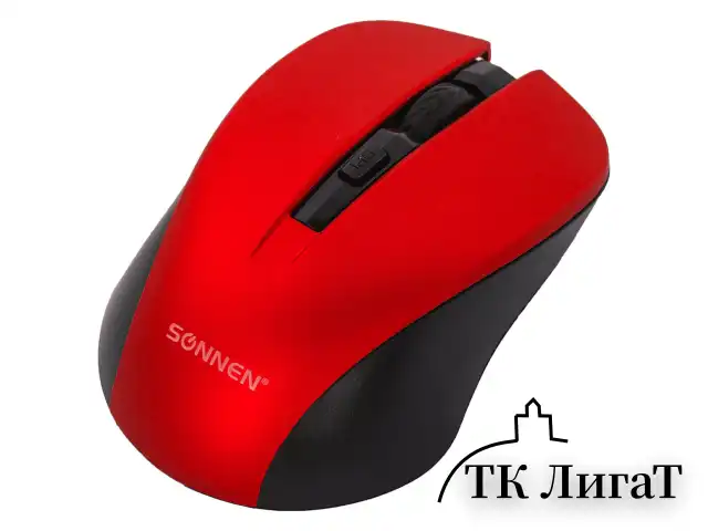 Мышь беспроводная с бесшумным кликом SONNEN V18, USB, 800/1200/1600 dpi, 4 кнопки, красная, 513516