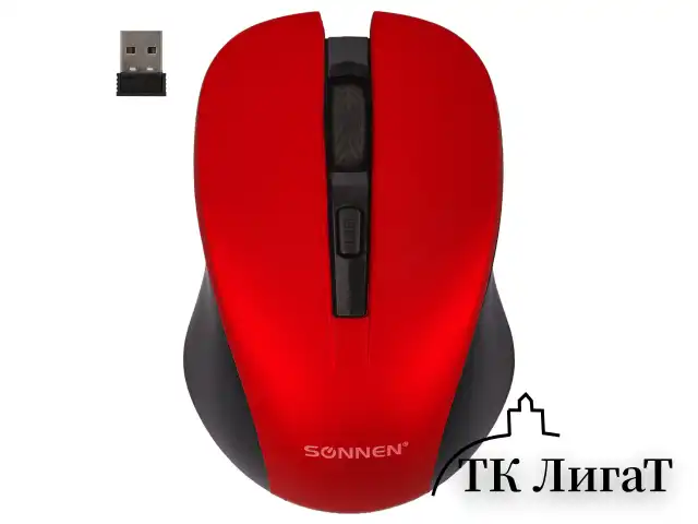 Мышь беспроводная с бесшумным кликом SONNEN V18, USB, 800/1200/1600 dpi, 4 кнопки, красная, 513516