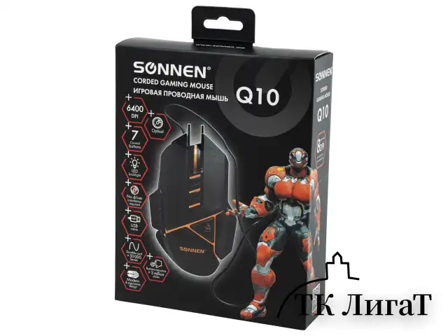 Мышь проводная игровая SONNEN Q10, 7 кнопок, 6400 dpi, LED-подсветка, черная, 513522