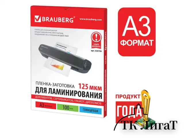 Пленки-заготовки для ламинирования БОЛЬШОГО ФОРМАТА, А3, КОМПЛЕКТ 100 шт., 125 мкм, BRAUBERG, 530799