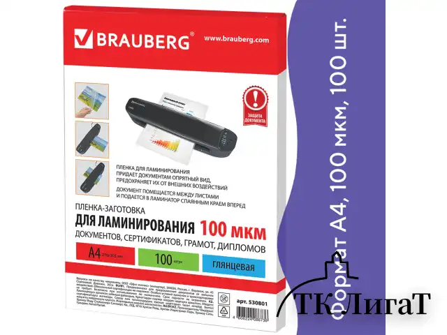 Пленки-заготовки для ламинирования А4, КОМПЛЕКТ 100 шт., 100 мкм, BRAUBERG, 530801