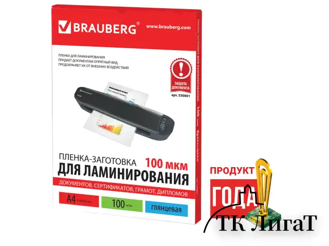 Пленки-заготовки для ламинирования А4, КОМПЛЕКТ 100 шт., 100 мкм, BRAUBERG, 530801
