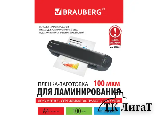 Пленки-заготовки для ламинирования А4, КОМПЛЕКТ 100 шт., 100 мкм, BRAUBERG, 530801