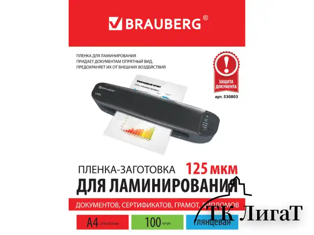 Пленки-заготовки для ламинирования А4, КОМПЛЕКТ 100 шт., 125 мкм, BRAUBERG, 530803