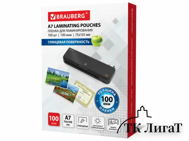 Пленки-заготовки для ламинирования МАЛОГО ФОРМАТА (75х105 мм), КОМПЛЕКТ 100 шт., 100 мкм, BRAUBERG, 530807