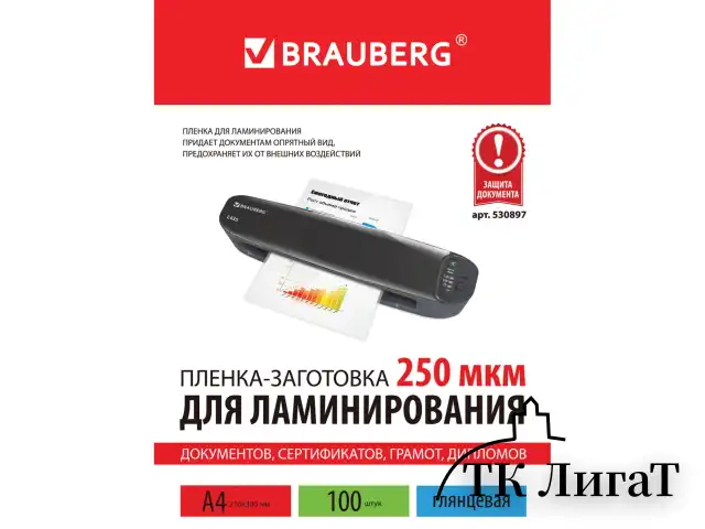 Пленки-заготовки для ламинирования А4, КОМПЛЕКТ 100 шт., 250 мкм, BRAUBERG, 530897