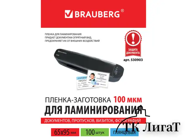 Пленки-заготовки для ламинирования МАЛОГО ФОРМАТА (65х95 мм), КОМПЛЕКТ 100 шт., 100 мкм, BRAUBERG, 530903
