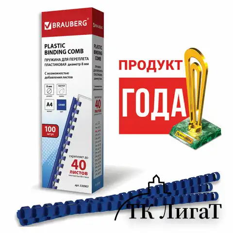 Пружины пластиковые для переплета, КОМПЛЕКТ 100 шт., 8 мм (для сшивания 21-40 л.), синие, BRAUBERG, 530907