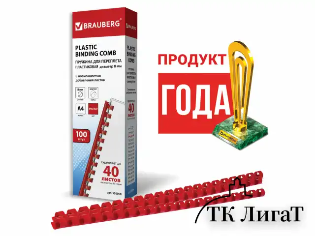 Пружины пластиковые для переплета, КОМПЛЕКТ 100 шт., 8 мм (для сшивания 21-40 л.), красные, BRAUBERG, 530908