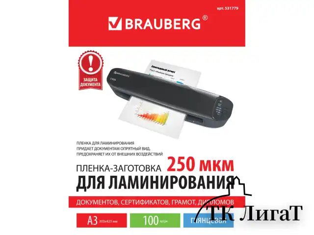 Пленки-заготовки для ламинирования БОЛЬШОГО ФОРМАТА, А3, КОМПЛЕКТ 100 шт., 250 мкм, BRAUBERG, 531779