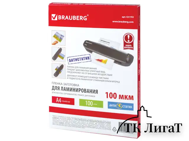 Пленки-заготовки для ламинирования АНТИСТАТИК, А4, КОМПЛЕКТ 100 шт., 100 мкм, BRAUBERG, 531793