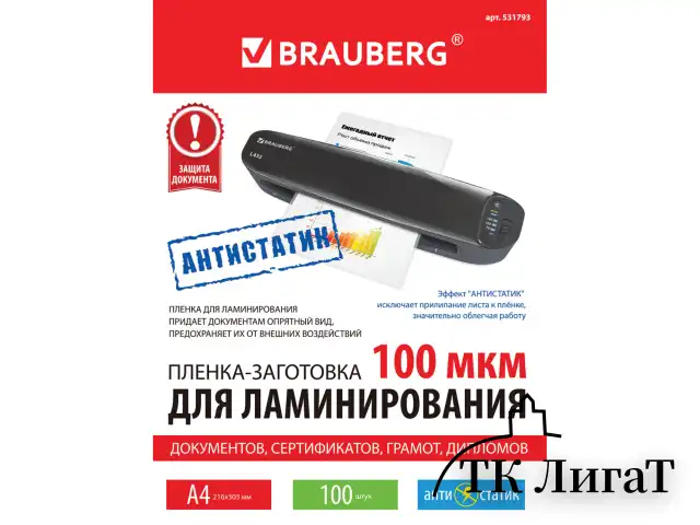 Пленки-заготовки для ламинирования АНТИСТАТИК, А4, КОМПЛЕКТ 100 шт., 100 мкм, BRAUBERG, 531793