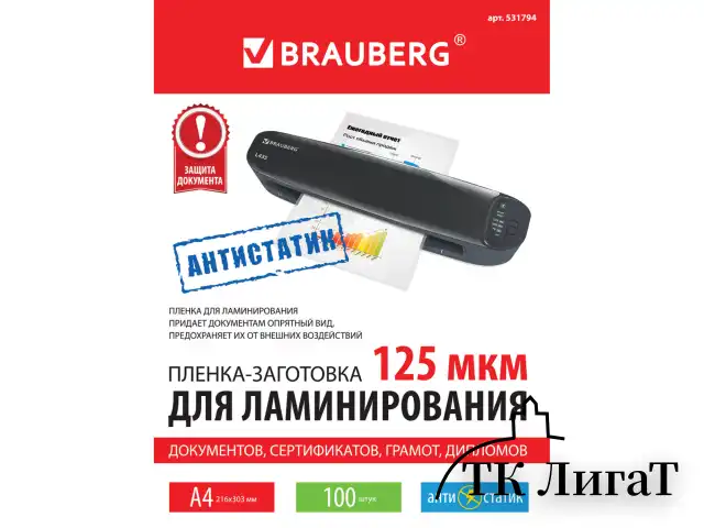 Пленки-заготовки для ламинирования АНТИСТАТИК, А4, КОМПЛЕКТ 100 шт., 125 мкм, BRAUBERG, 531794