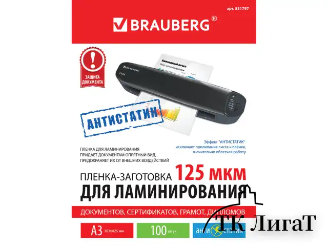 Пленки-заготовки для ламинирования АНТИСТАТИК БОЛЬШОГО ФОРМАТА А3, КОМПЛЕКТ 100 шт., 125 мкм, BRAUBERG, 531797