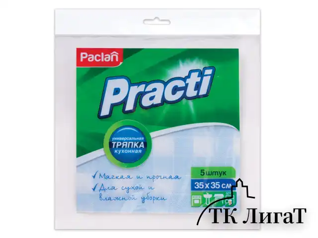 Салфетки универсальные, 35х35 см, КОМПЛЕКТ 5 шт., 50 г/м2, вискоза (спанлейс), PACLAN "Practi"