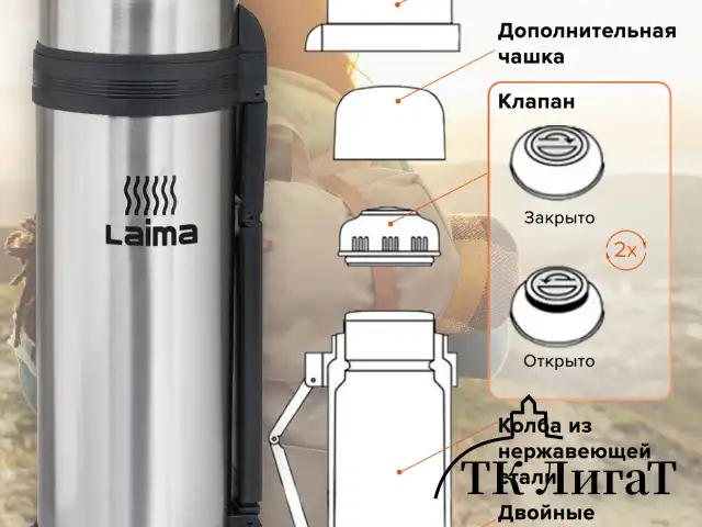 Термос LAIMA классический с узким горлом, 1,8 л, нержавеющая сталь, пластиковая ручка, 601405