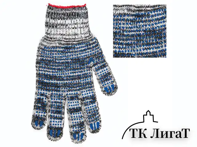 Перчатки хлопчатобумажные, КОМПЛЕКТ 5 ПАР, 7 класс, 60-62 г, 216 текс, ПВХ-точка, LAIMA "ПРОФИ", МЕЛАНЖ, 604471