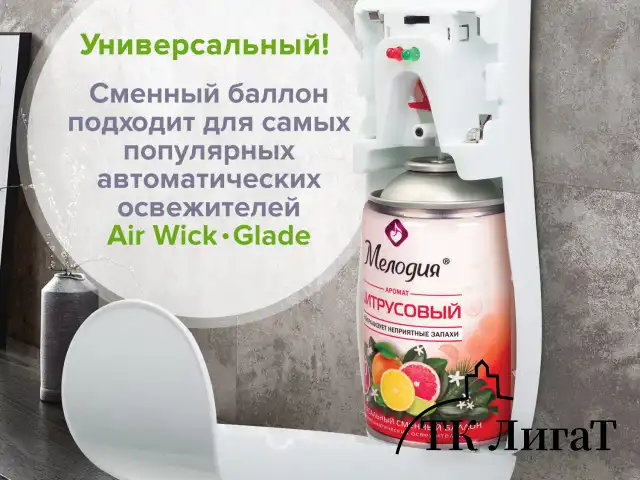 Сменный баллон 250 мл МЕЛОДИЯ "Цитрусовый", для автоматических освежителей, универсальный, 605229