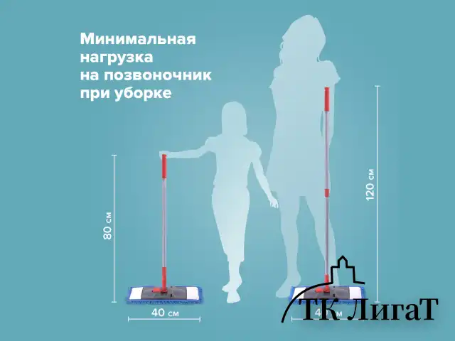 Швабра с флаундером 40 см, черенок 80-120 см, еврорезьба, насадка МОП микрофибра СИНЕЛЬ, индивидуальная упаковка пакет, LAIMA, 606314