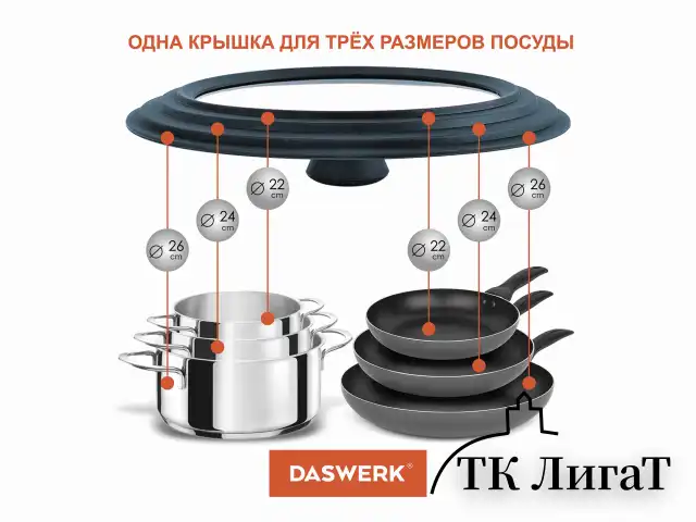 Крышка для любой сковороды и кастрюли универсальная 3 размера (22-24-26 см) антрацит, DASWERK, 607586