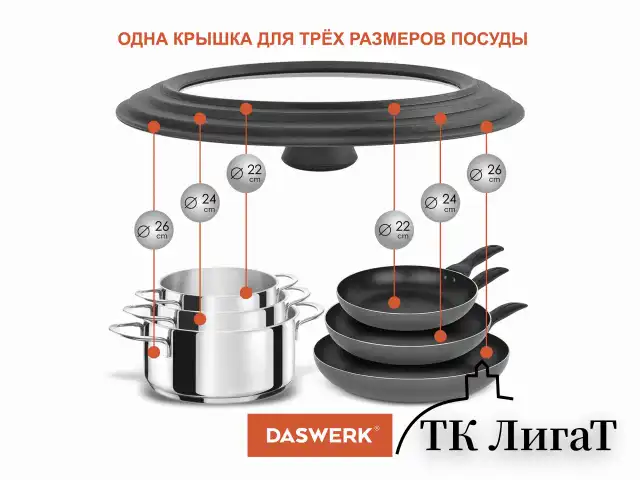 Крышка для любой сковороды и кастрюли универсальная 3 размера (22-24-26 см) серая, DASWERK, 607588