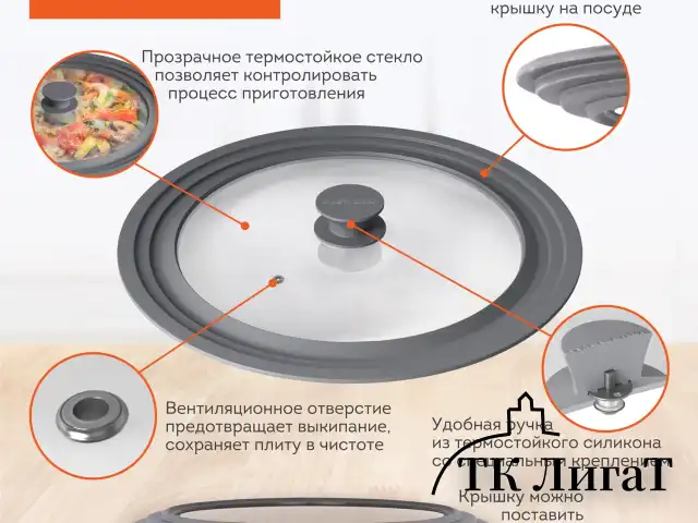 Крышка для любой сковороды и кастрюли универсальная 3 размера (24-26-28 см) серая, DASWERK, 607591