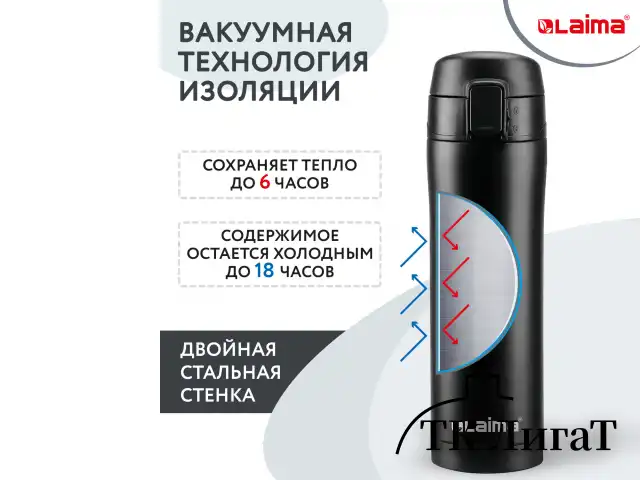 Термокружка с двойной стенкой из нержавеющей стали, 470 мл, цвет безграничный черный, LAIMA, 608080