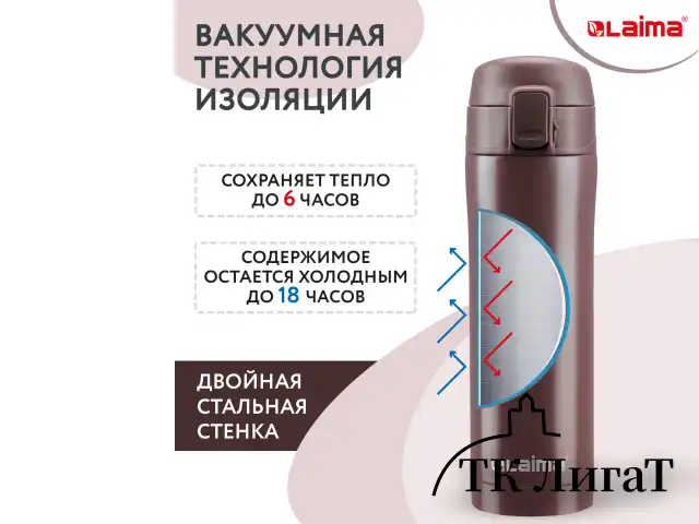 Термокружка с двойной стенкой из нержавеющей стали, 470 мл, цвет имперский коричневый, LAIMA, 608082