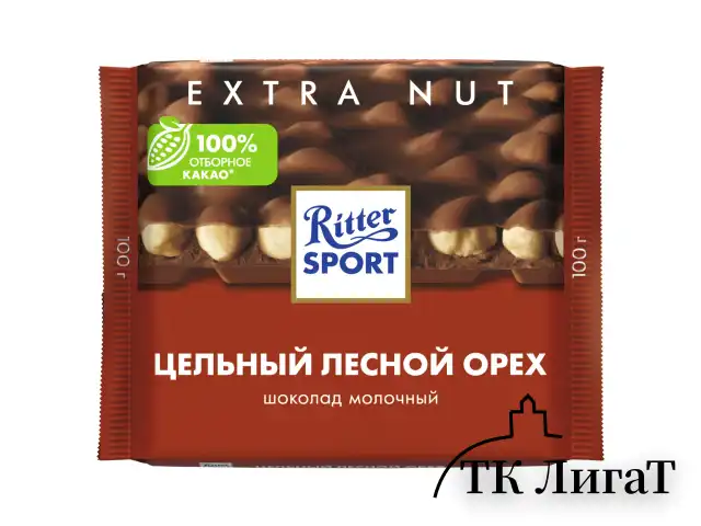 Шоколад RITTER SPORT "Extra Nut", молочный, с цельным лесным орехом, 100 г, Германия, 7006
