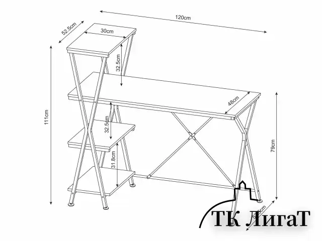 Стол на металлокаркасе BRABIX "LOFT CD-004", 1200х535х1110 мм, 3 полки, цвет морёный дуб, 641218