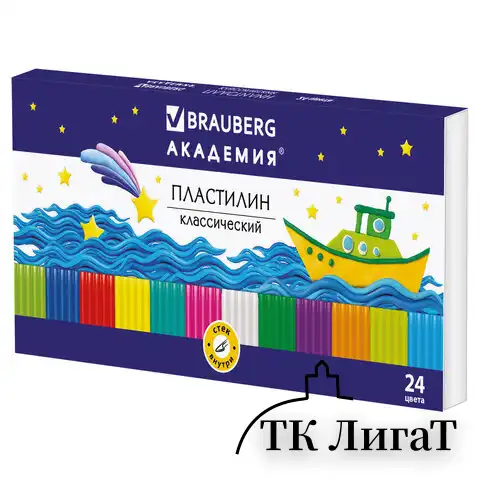 Пластилин классический BRAUBERG "АКАДЕМИЯ", 24 цвета, 480 г, со стеком, ВЫСШЕЕ КАЧЕСТВО, 105899