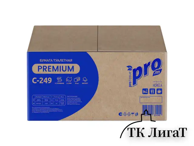 Бумага туалетная листовая 250 шт., PROtissue (T3) PREMIUM, 2-слойная, белая, 22,5х11 см, КОМПЛЕКТ 40 пачек, C249, С249