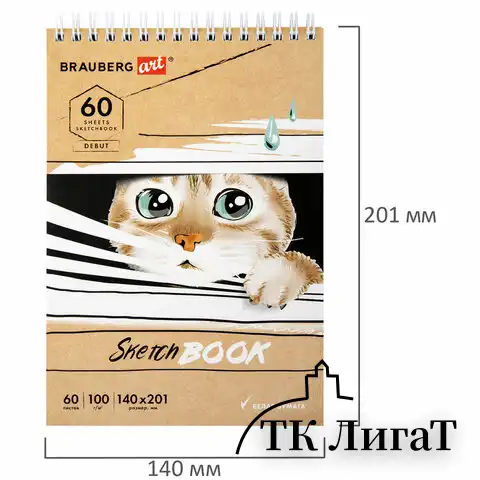 Скетчбук, белая бумага 100 г/м2, 140х201 мм, 60 л., гребень, жёсткая подложка, BRAUBERG ART, "Котик!, 115062