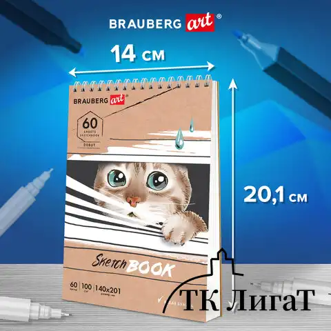 Скетчбук, белая бумага 100 г/м2, 140х201 мм, 60 л., гребень, жёсткая подложка, BRAUBERG ART, "Котик!, 115062