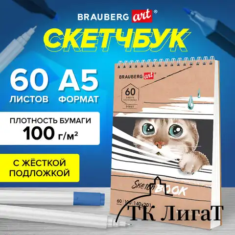 Скетчбук, белая бумага 100 г/м2, 140х201 мм, 60 л., гребень, жёсткая подложка, BRAUBERG ART, "Котик!, 115062